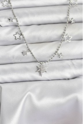 Pirinç Gümüş Renk Zirkon Taşlı Kutup Yıldızı Model Kadın Kolye Pirinç Gümüş Renk Zirkon Taşlı Kutup Yıldızı Model Kadın Kolye