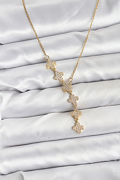 316l çelik Zincir Gold Renk Yonca Model Kadın Kolye