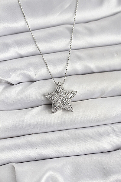 316l çelik Zincir Gümüş Renk Zincirli Gümüş Yıldız Model Kadın Kolye