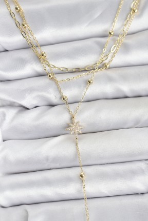 Pirinç Gold Renk Kutup Yıldızı Detaylı 3'lü Kombin Kadın Kolye Pirinç Gold Renk Kutup Yıldızı Detaylı 3'lü Kombin Kadın Kolye