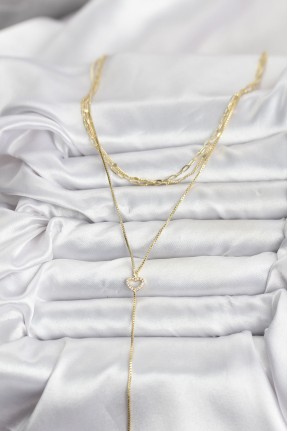 Pirinç Gold Renk Kalp Detaylı 3'lü Kombin Y Kadın Kolye