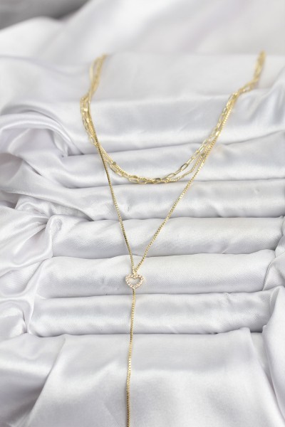 Pirinç Gold Renk Kalp Detaylı 3'lü Kombin Y Kadın Kolye