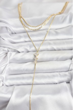 Pirinç Gold Renk Zirkon Taş Detaylı 3'lü Kombin Y Kadın Kolye