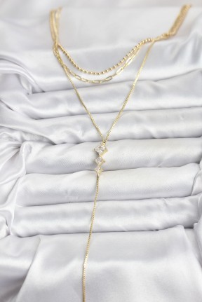 Pirinç Gold Renk Zirkon Taş Detaylı 3'lü Kombin Y Kadın Kolye Pirinç Gold Renk Zirkon Taş Detaylı 3'lü Kombin Y Kadın Kolye