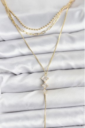 Pirinç Gold Renk Zirkon Taş Detaylı 3'lü Kombin Y Kadın Kolye