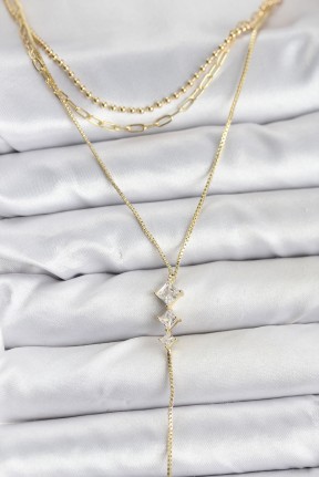 Pirinç Gold Renk Zirkon Taş Detaylı 3'lü Kombin Y Kadın Kolye Pirinç Gold Renk Zirkon Taş Detaylı 3'lü Kombin Y Kadın Kolye