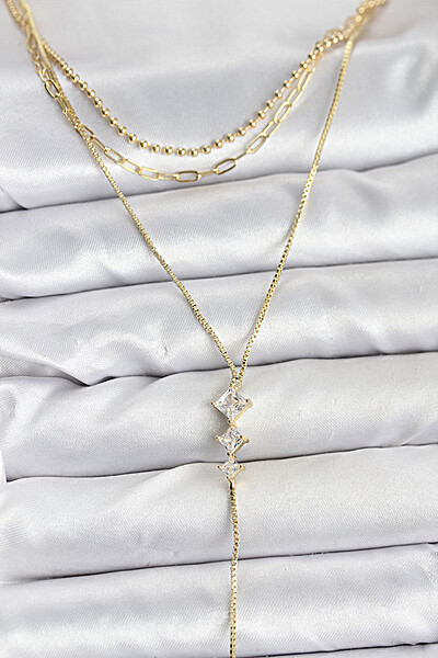 Pirinç Gold Renk Zirkon Taş Detaylı 3'lü Kombin Y Kadın Kolye