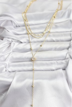 Pirinç Gold Renk Güneş Model Detaylı 3'lü Kombin Y Kadın Kolye