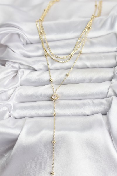 Pirinç Gold Renk Güneş Model Detaylı 3'lü Kombin Y Kadın Kolye