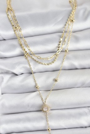 Pirinç Gold Renk Güneş Model Detaylı 3'lü Kombin Y Kadın Kolye Pirinç Gold Renk Güneş Model Detaylı 3'lü Kombin Y Kadın Kolye