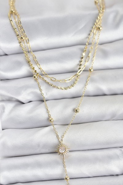 Pirinç Gold Renk Güneş Model Detaylı 3'lü Kombin Y Kadın Kolye