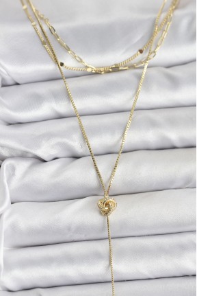 Pirinç Gold Renk Düğüm Model Detaylı 3'lü Kombin Y Kadın Kolye