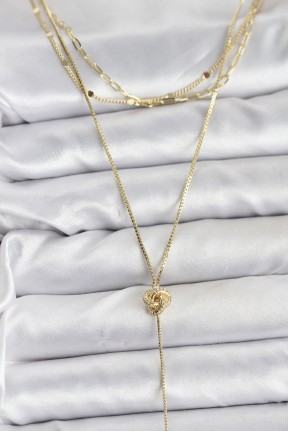 Pirinç Gold Renk Düğüm Model Detaylı 3'lü Kombin Y Kadın Kolye Pirinç Gold Renk Düğüm Model Detaylı 3'lü Kombin Y Kadın Kolye