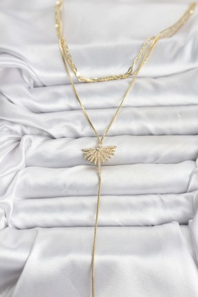 Pirinç Gold Renk Zirkon Taşlı Yelpaze Model Detaylı 3'lü Kombin Y Kadın Kolye Pirinç Gold Renk Zirkon Taşlı Yelpaze Model Detaylı 3'lü Kombin Y Kadın Kolye