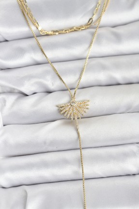 Pirinç Gold Renk Zirkon Taşlı Yelpaze Model Detaylı 3'lü Kombin Y Kadın Kolye Pirinç Gold Renk Zirkon Taşlı Yelpaze Model Detaylı 3'lü Kombin Y Kadın Kolye