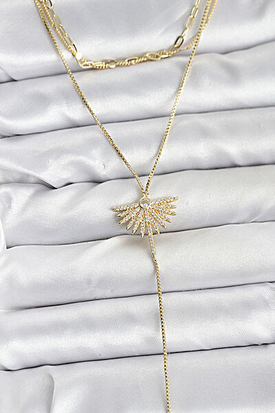 Pirinç Gold Renk Zirkon Taşlı Yelpaze Model Detaylı 3'lü Kombin Y Kadın Kolye Pirinç Gold Renk Zirkon Taşlı Yelpaze Model Detaylı 3'lü Kombin Y Kadın Kolye