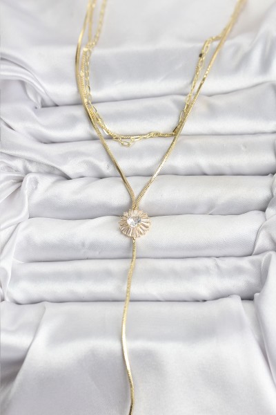 Pirinç Gold Renk Zirkon Taşlı Papatya Model Detaylı 3'lü Kombin Y Kadın Kolye