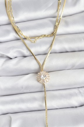 Pirinç Gold Renk Zirkon Taşlı Papatya Model Detaylı 3'lü Kombin Y Kadın Kolye Pirinç Gold Renk Zirkon Taşlı Papatya Model Detaylı 3'lü Kombin Y Kadın Kolye