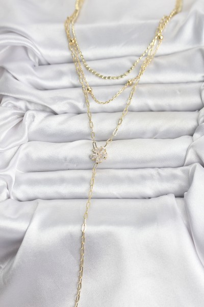 Pirinç Gold Renk Zirkon Taşlı çiçek Model Detaylı 3'lü Kombin Y Kadın Kolye Pirinç Gold Renk Zirkon Taşlı çiçek Model Detaylı 3'lü Kombin Y Kadın Kolye