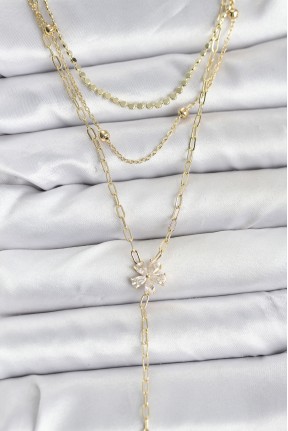 Pirinç Gold Renk Zirkon Taşlı çiçek Model Detaylı 3'lü Kombin Y Kadın Kolye Pirinç Gold Renk Zirkon Taşlı çiçek Model Detaylı 3'lü Kombin Y Kadın Kolye