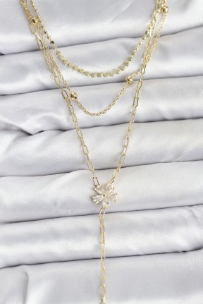 Pirinç Gold Renk Zirkon Taşlı çiçek Model Detaylı 3'lü Kombin Y Kadın Kolye Pirinç Gold Renk Zirkon Taşlı çiçek Model Detaylı 3'lü Kombin Y Kadın Kolye