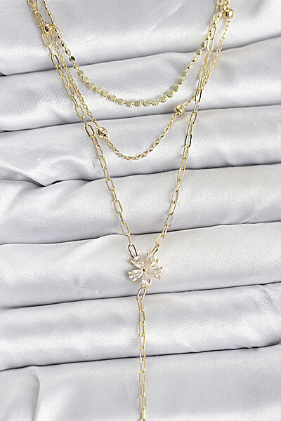 Pirinç Gold Renk Zirkon Taşlı çiçek Model Detaylı 3'lü Kombin Y Kadın Kolye Pirinç Gold Renk Zirkon Taşlı çiçek Model Detaylı 3'lü Kombin Y Kadın Kolye