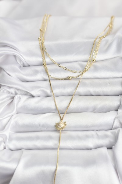 Pirinç Gold Renk Zirkon Taşlı Güneş Model Detaylı 3'lü Kombin Y Kadın Kolye