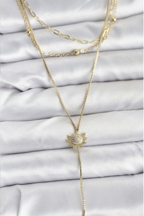 Pirinç Gold Renk Zirkon Taşlı Güneş Model Detaylı 3'lü Kombin Y Kadın Kolye