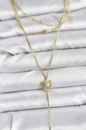 Pirinç Gold Renk Zirkon Taşlı Güneş Model Detaylı 3'lü Kombin Y Kadın Kolye Pirinç Gold Renk Zirkon Taşlı Güneş Model Detaylı 3'lü Kombin Y Kadın Kolye