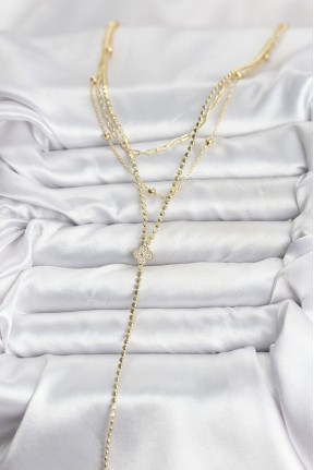 Pirinç Gold Renk Zirkon Taşlı Yonca Model Detaylı 3'lü Kombin Y Kadın Kolye Pirinç Gold Renk Zirkon Taşlı Yonca Model Detaylı 3'lü Kombin Y Kadın Kolye