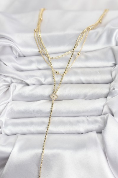 Pirinç Gold Renk Zirkon Taşlı Yonca Model Detaylı 3'lü Kombin Y Kadın Kolye Pirinç Gold Renk Zirkon Taşlı Yonca Model Detaylı 3'lü Kombin Y Kadın Kolye