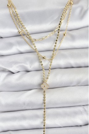 Pirinç Gold Renk Zirkon Taşlı Yonca Model Detaylı 3'lü Kombin Y Kadın Kolye Pirinç Gold Renk Zirkon Taşlı Yonca Model Detaylı 3'lü Kombin Y Kadın Kolye