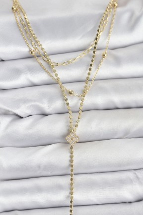 Pirinç Gold Renk Zirkon Taşlı Yonca Model Detaylı 3'lü Kombin Y Kadın Kolye Pirinç Gold Renk Zirkon Taşlı Yonca Model Detaylı 3'lü Kombin Y Kadın Kolye