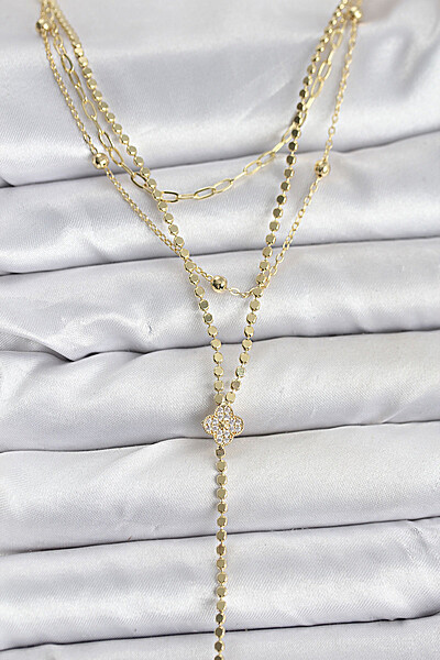 Pirinç Gold Renk Zirkon Taşlı Yonca Model Detaylı 3'lü Kombin Y Kadın Kolye Pirinç Gold Renk Zirkon Taşlı Yonca Model Detaylı 3'lü Kombin Y Kadın Kolye