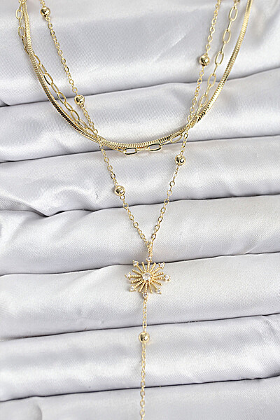 Pirinç Gold Renk Zirkon Taşlı Model Detaylı 3'lü Kombin Y Kadın Kolye Pirinç Gold Renk Zirkon Taşlı Model Detaylı 3'lü Kombin Y Kadın Kolye