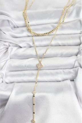 Pirinç Gold Renk Zirkon Taşlı Yoncalı Model Detaylı 3'lü Kombin Y Kadın Kolye Pirinç Gold Renk Zirkon Taşlı Yoncalı Model Detaylı 3'lü Kombin Y Kadın Kolye