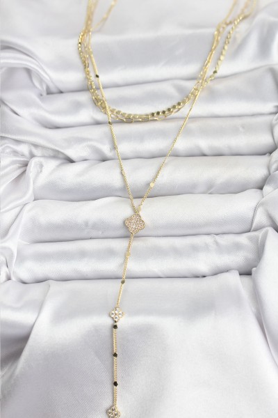 Pirinç Gold Renk Zirkon Taşlı Yoncalı Model Detaylı 3'lü Kombin Y Kadın Kolye Pirinç Gold Renk Zirkon Taşlı Yoncalı Model Detaylı 3'lü Kombin Y Kadın Kolye