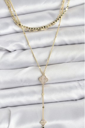 Pirinç Gold Renk Zirkon Taşlı Yoncalı Model Detaylı 3'lü Kombin Y Kadın Kolye Pirinç Gold Renk Zirkon Taşlı Yoncalı Model Detaylı 3'lü Kombin Y Kadın Kolye