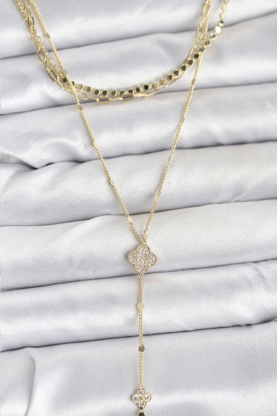 Pirinç Gold Renk Zirkon Taşlı Yoncalı Model Detaylı 3'lü Kombin Y Kadın Kolye Pirinç Gold Renk Zirkon Taşlı Yoncalı Model Detaylı 3'lü Kombin Y Kadın Kolye