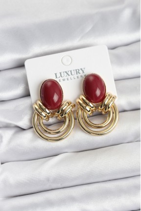 Pirinç Gold Renk Bordo Taşlı Vintage Kadın Küpe