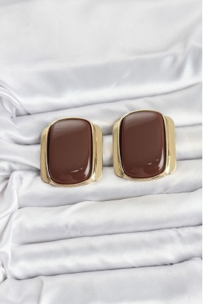 Pirinç Gold Renk Kahverengi Plaka Vintage Kadın Küpe