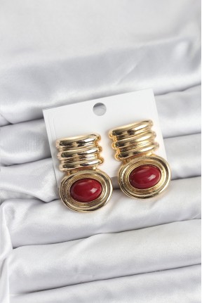 Pirinç Gold Bordo Renk Vintage Kadın Küpe