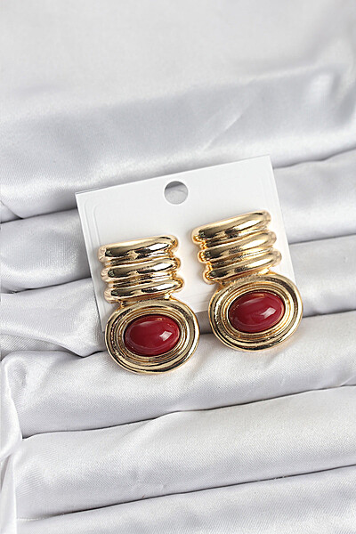 Pirinç Gold Bordo Renk Vintage Kadın Küpe