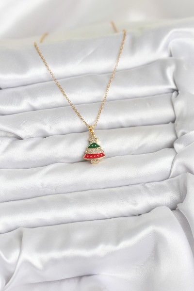316l çelik Zincir Gold Ren çam Ağacı Model Zirkon Taşlı Yılbaşı Temalı Kadın Kolye