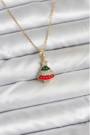 316l çelik Zincir Gold Ren çam Ağacı Model Zirkon Taşlı Yılbaşı Temalı Kadın Kolye