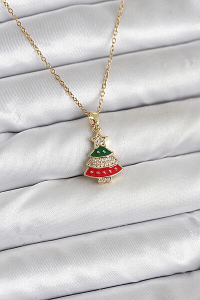 316l çelik Zincir Gold Ren çam Ağacı Model Zirkon Taşlı Yılbaşı Temalı Kadın Kolye