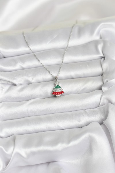 316l çelik Zincir Gümüş Ren çam Ağacı Model Zirkon Taşlı Yılbaşı Temalı Kadın Kolye