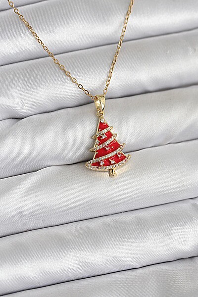 316l çelik Zincir Gold Renk Kırmızı çam Ağacı Model Yılbaşı Temalı Kadın Kolye