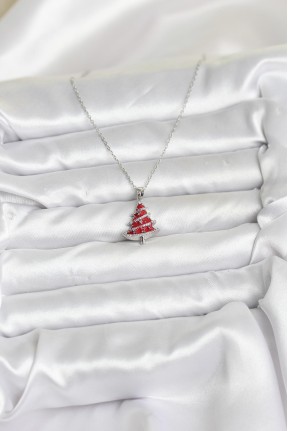 316l çelik Zincir Gümüş Renk Kırmızı çam Ağacı Model Yılbaşı Temalı Kadın Kolye