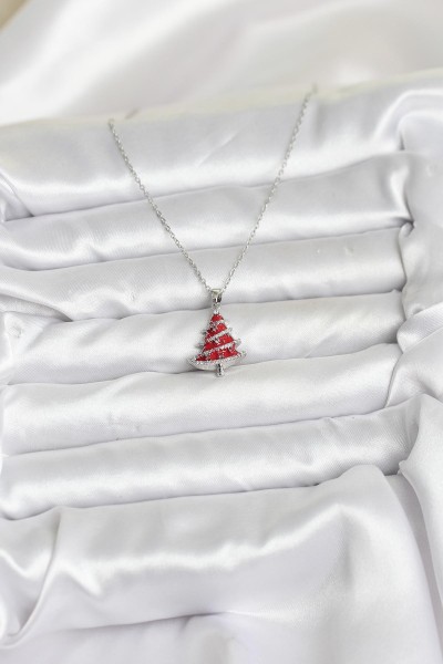 316l çelik Zincir Gümüş Renk Kırmızı çam Ağacı Model Yılbaşı Temalı Kadın Kolye